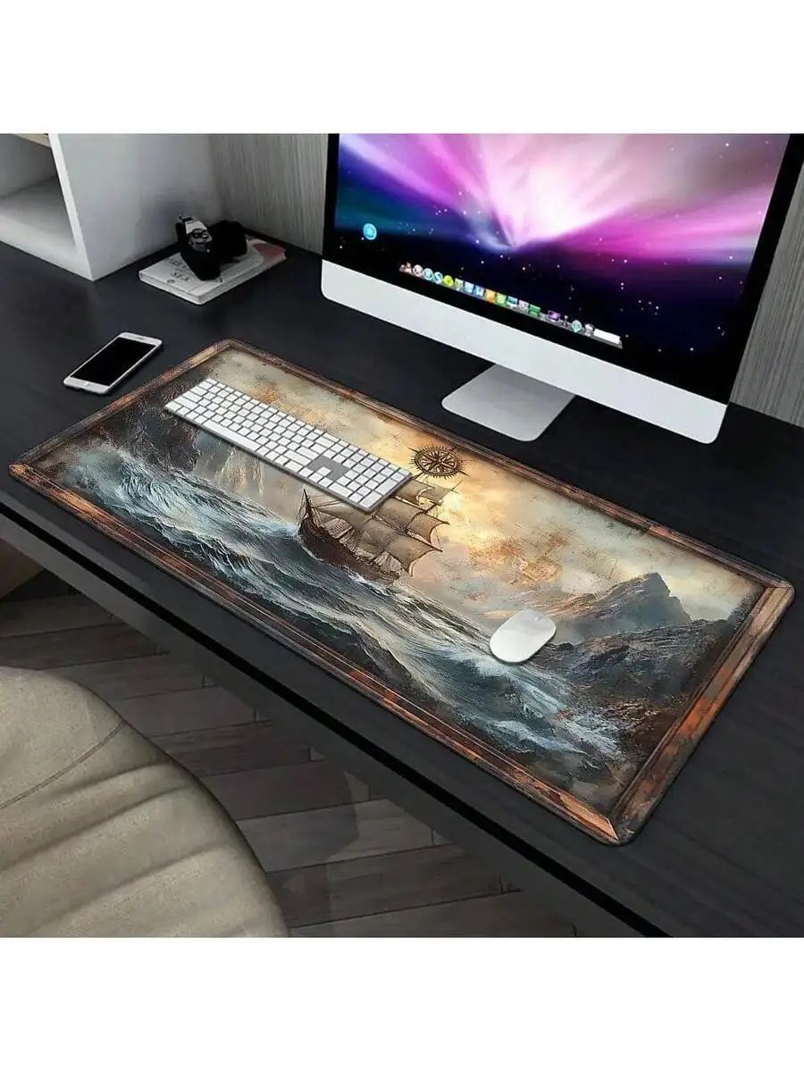 

Large Nautical Desk Mat Mouse Pad Waterproof Gaming Mat Sailing Ship Design Non-Slip Rubber Soft Fabric Top