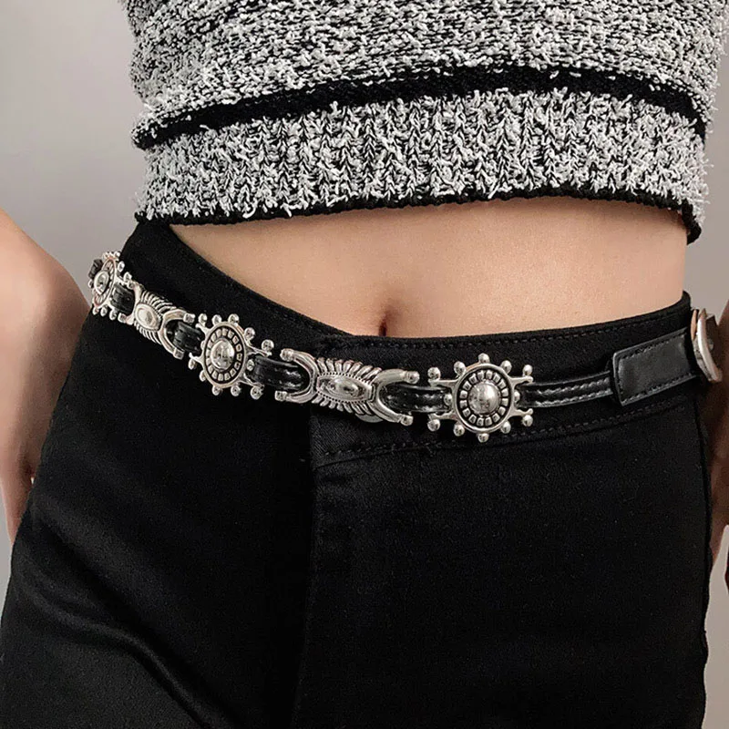 American Vintage Delicate Carved Belt Punk Ladies Jeans Accessories Y2k Premium Sense of Niche Design Fashion PU Waist Chain