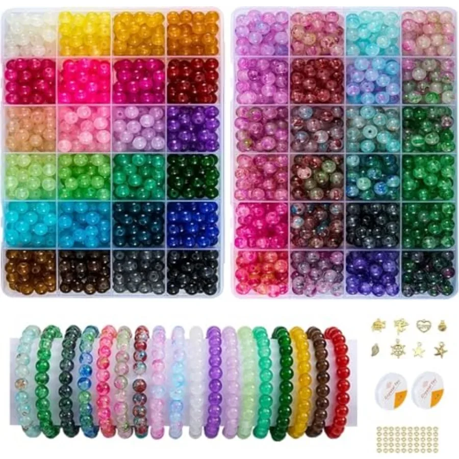 

2 Pack More Than 1300PCS Round Glass Beads for Jewelry Making, 48 Colors 8mm Crystal Beads for Bracelets Jewelry Making and DIY