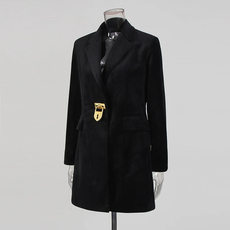 CHICEVER معطف أسود عتيق بأشرطة مرقعة للنساء مع طية صدر السترة وأكمام طويلة وأزرار مقسمة سترة مخملية موضة نسائية جديدة