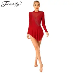 Women's Long Sleeves Figure Skating Dress Adults Performance Costumes Glitter Rhinestones Ice Skating Ballet Dance Leotard Dress