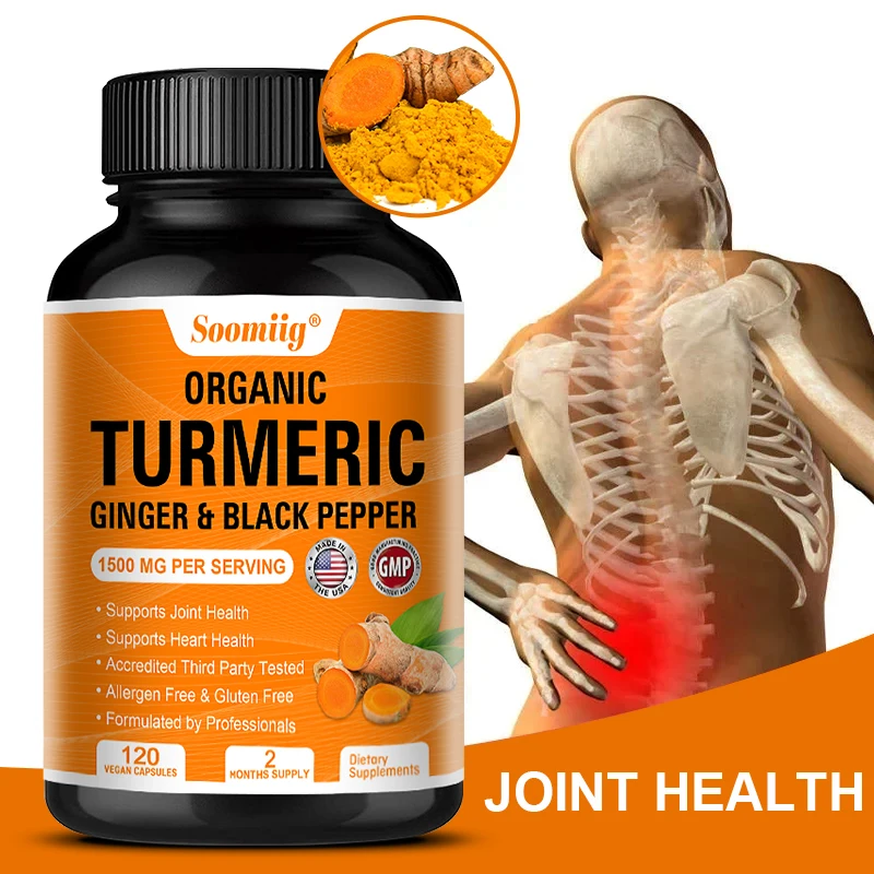 Organic Turmeric High Strength 1500 Mg | 120 Capsules with Black Pepper, Ginger and Active Curcumin Joints Heart Cognition