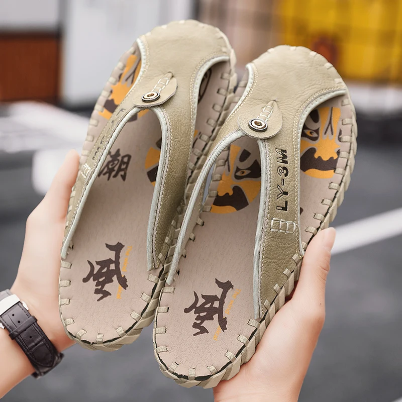 Men Foreskin Herringbone Slippers PU Hand Sewn Flat Bottomed Anti-collision Toe Comfortable Outdoor Beach Sandals