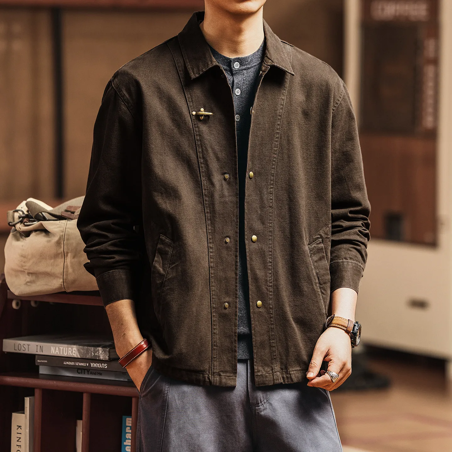 American Retro Metal Buckle Shirt Men's Loose Casual Long Sleeve Pure Cotton Commute Cargo Shirts Jacket Spring Autumn Coat