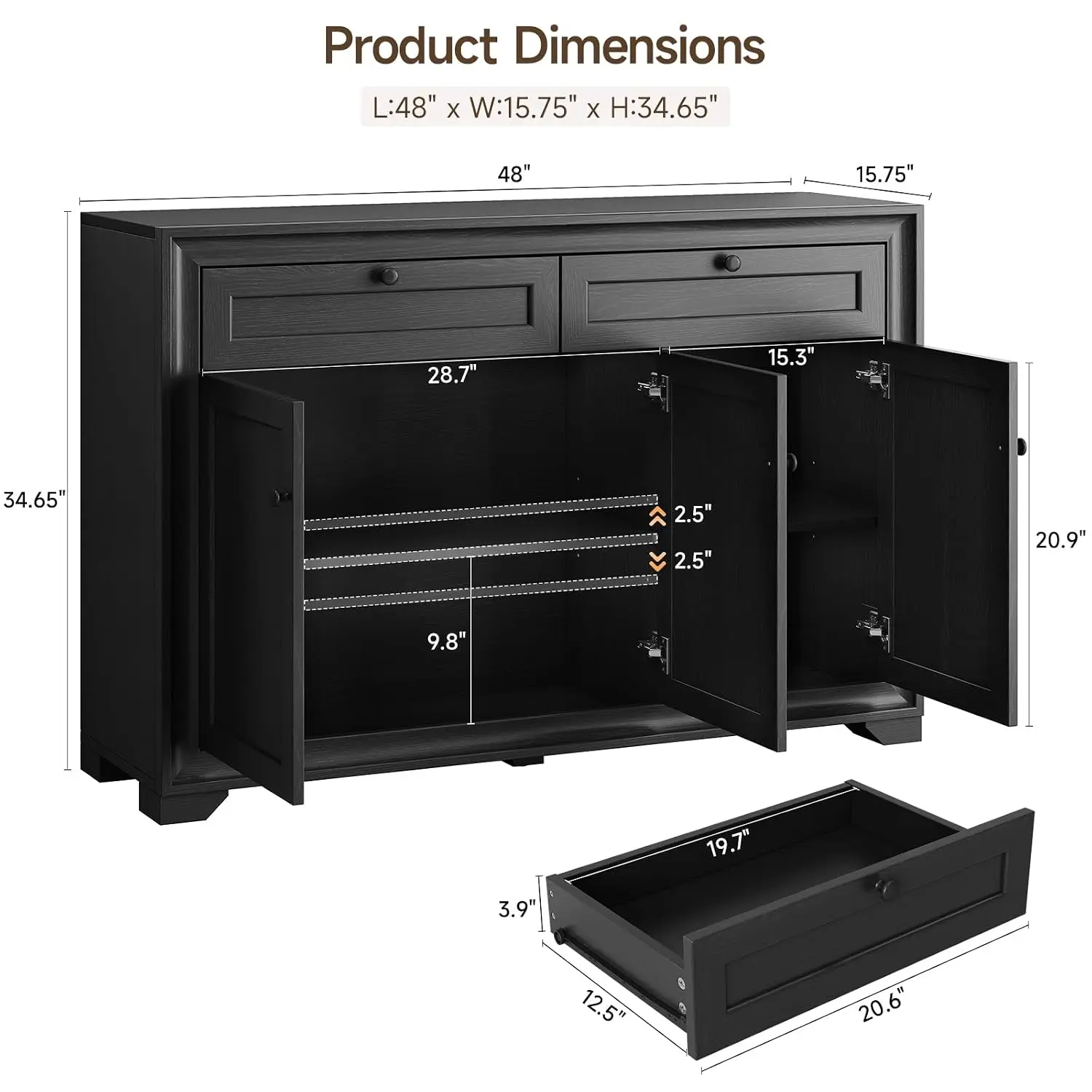 48 Inch Sideboard Buffet Cabinet with Storage, Black, Customized