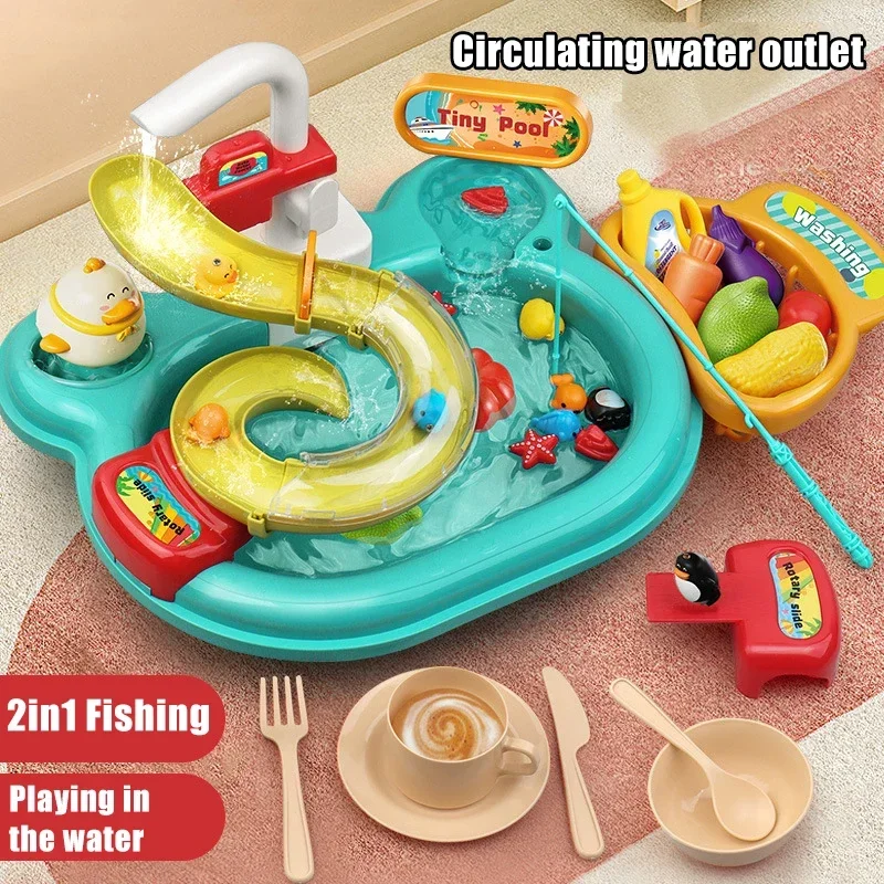 Puzzle per bambini giochi di imitazione giocattoli per lavabo giocattoli regalo cucina giocattoli interattivi 2-in-1 scivolo pesca giocattolo