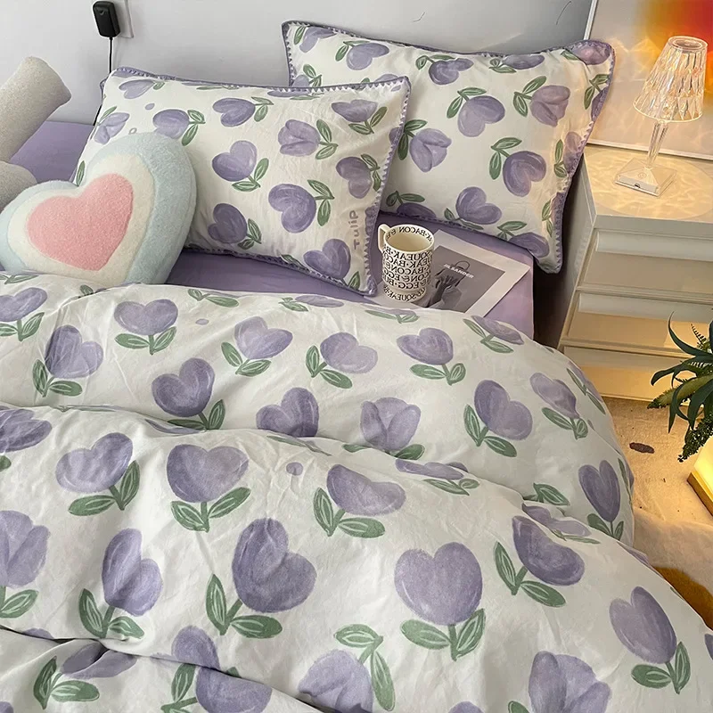 

Комплект постельного белья из четырех предметов, 1,8 простая промытая хлопковая простыня, Фиолетовый Тюльпан, пододеяльник, класс А, двойная пряжа