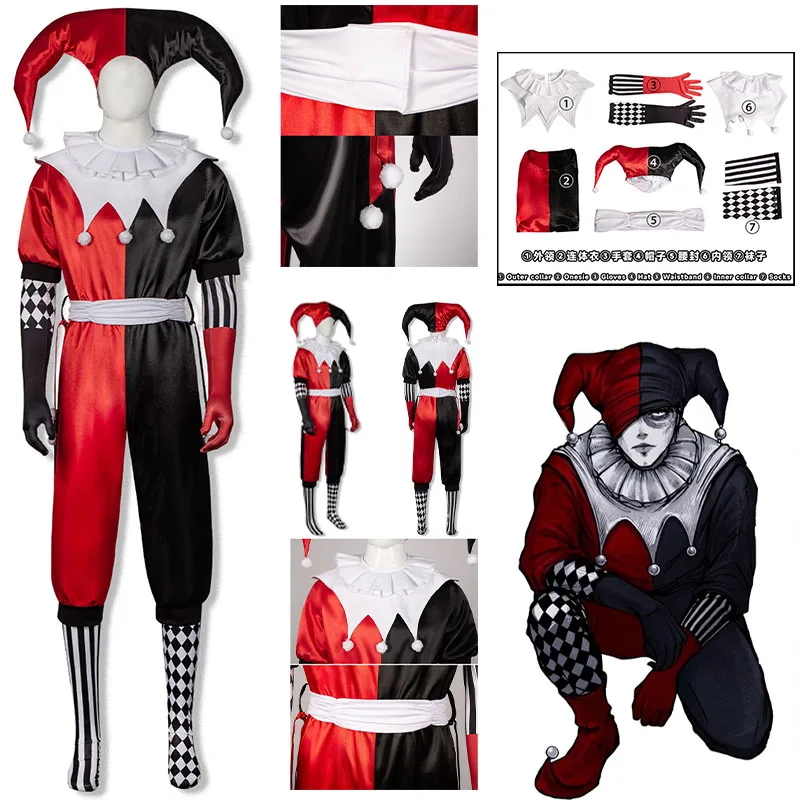 Image of WHH Anime Rot-Schwarzes Clown-Kostüm Hut Hals-Rüschen-Overall Cosplay-Zubehör Outfit Clown-Cosplay-Anzug Halloween-Party