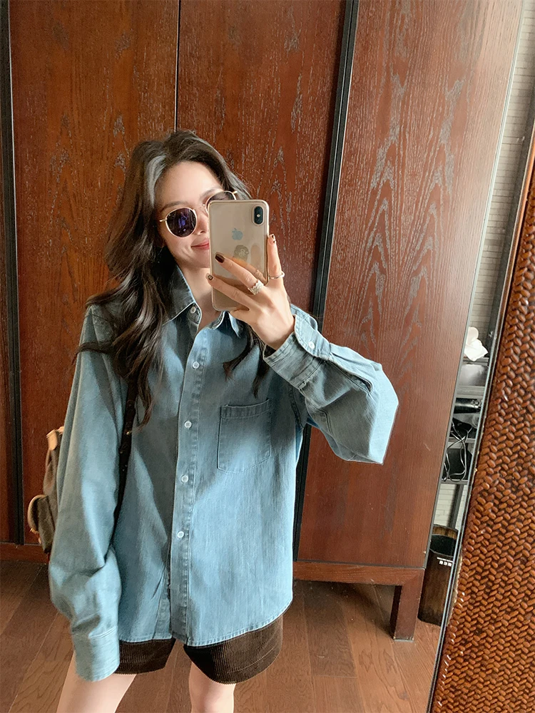 

Blue Waed Denim irt JinSu Loose Base Layer Top Spring Autumn Korean Sle Faionable Small Size Women's Casual irt