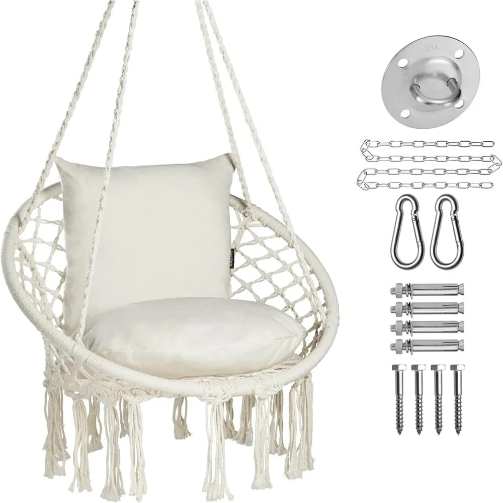 Macrame Chair Hanging Swing Max 330 Lbs Hammock with 2 Cushions and Hardware Kits Cotton Rope Chair