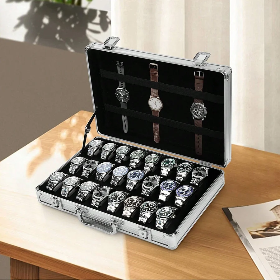 

24/32Grid Aluminum Watch Storage Box with Soft Cushion Lockable Travel Display Case Trade Briefcase Style with Key