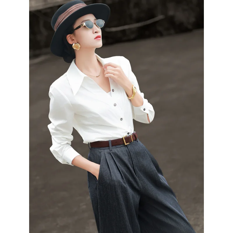 

MEXCOCO 2025Spring and summer new style, elegant and simple, high-end long-sleeve for commutingVCollared shirt top