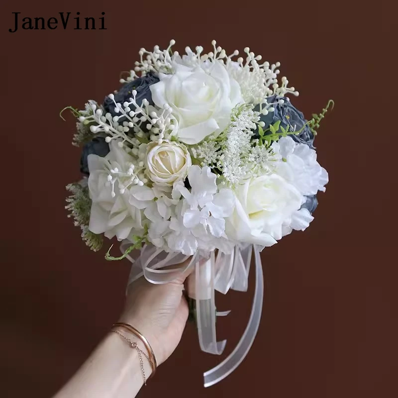 JaneVini White And Dusty Blue Wedding Bouquet Flowers for Bride Artificial Silk Rose Bridal Hand Flower Marriage Accessories