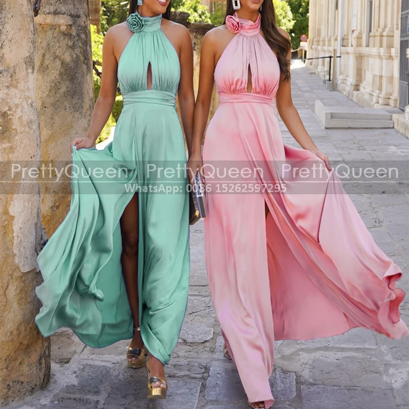 Sexy Side Slit A Line Bridesmaid Dresses Long Keyhole High Neck Flower Floor Length Wedding Guest Dress Party For Women