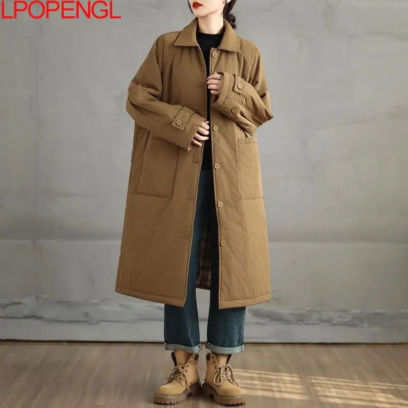 Solid Color Thickened Wide-waisted Cotton Jacket Mid-length 2024 Women's Winter Loose Temperament Single Breasted Windbreaker