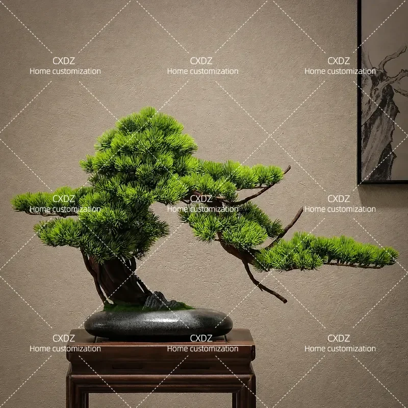 New Chinese Style Artificial Welcome Pine Bonsai Green Plant Landscaping for Living Room Office Indoor Porch Desktop Ornament
