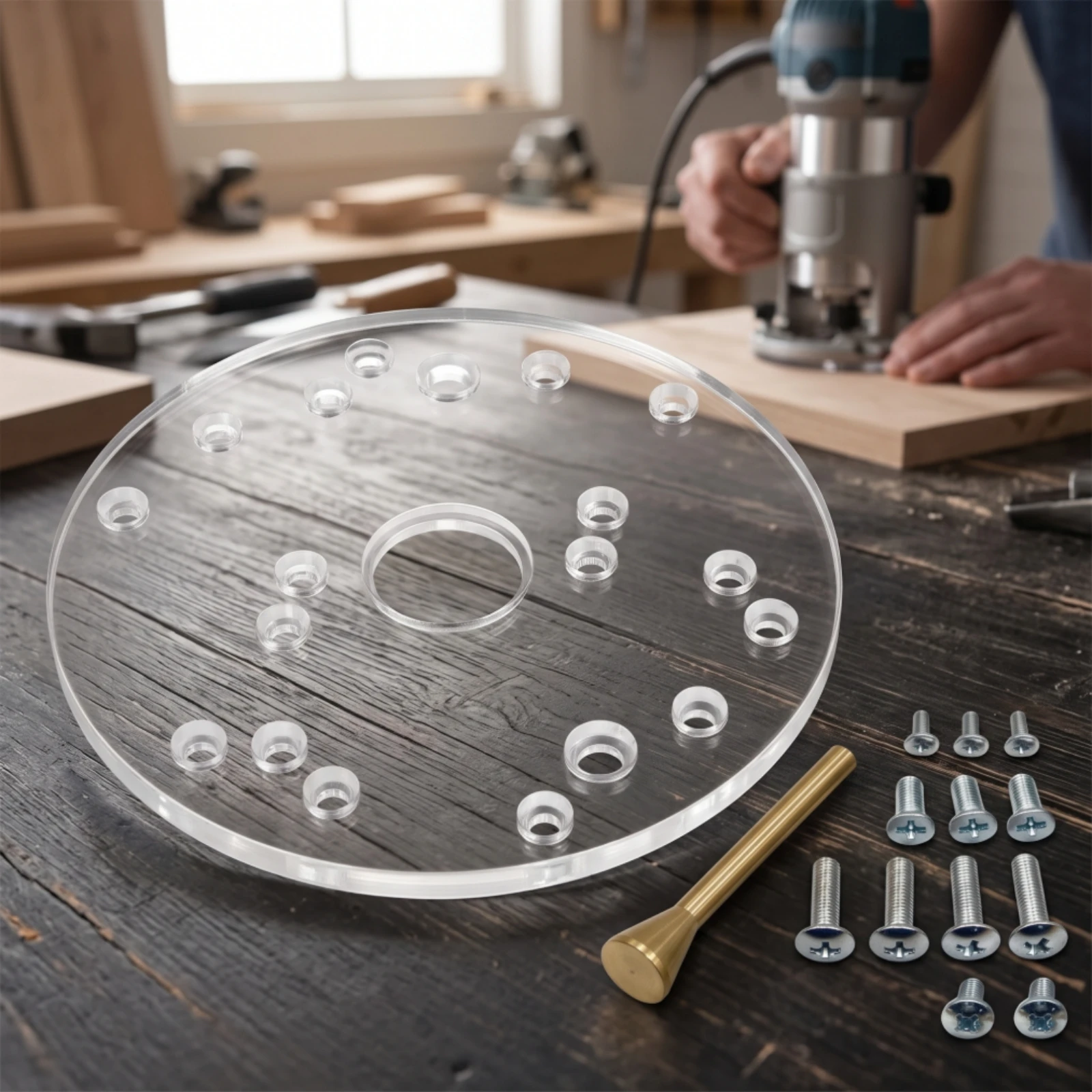 Router Base Plate Transparent Acrylic Base Plate with Guide Pin Pre-Drilled Compatible for Woodworkers, Woodworking