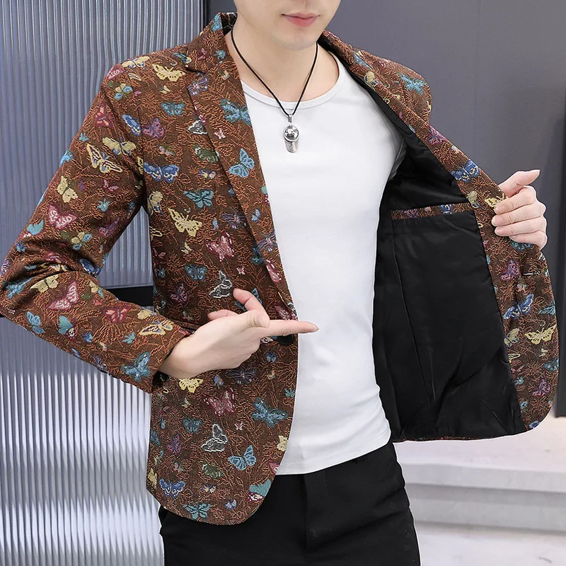 HOO 2024 men's casual fashion butterfly printed blazer, youth slim handsome casual   blazer