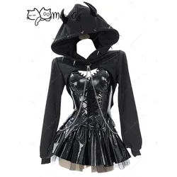 MEOWCOS Women Gothic Lingerie Set Black Corset Top and Mini Skirt with Short Hoodie and Thigh-High Stockings for Halloween