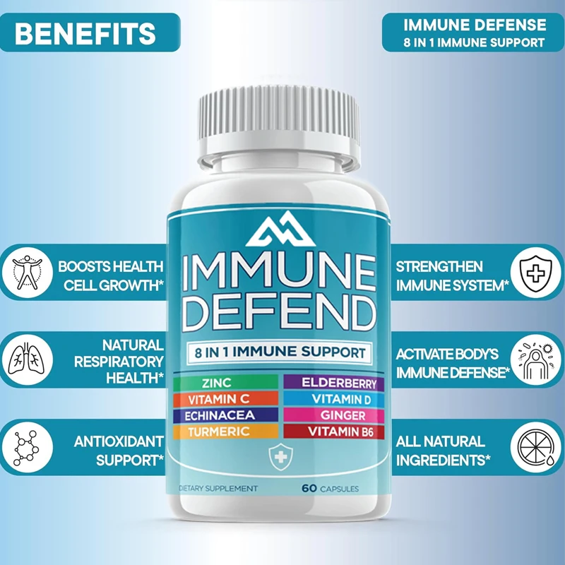 8-in-1 immune defense support containing 50 milligrams of zinc, vitamin C D3, elderberry, curcumin and ginger, and echinacea