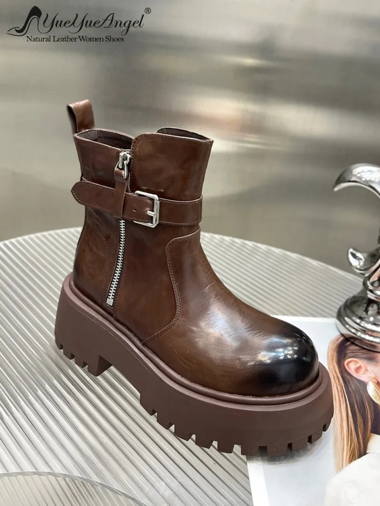 Autumn Winter Lady British Style Cowhide Genuine Leather Round Toe Ankle Boots Thick Platform Height Increase Knight Boots Shoes