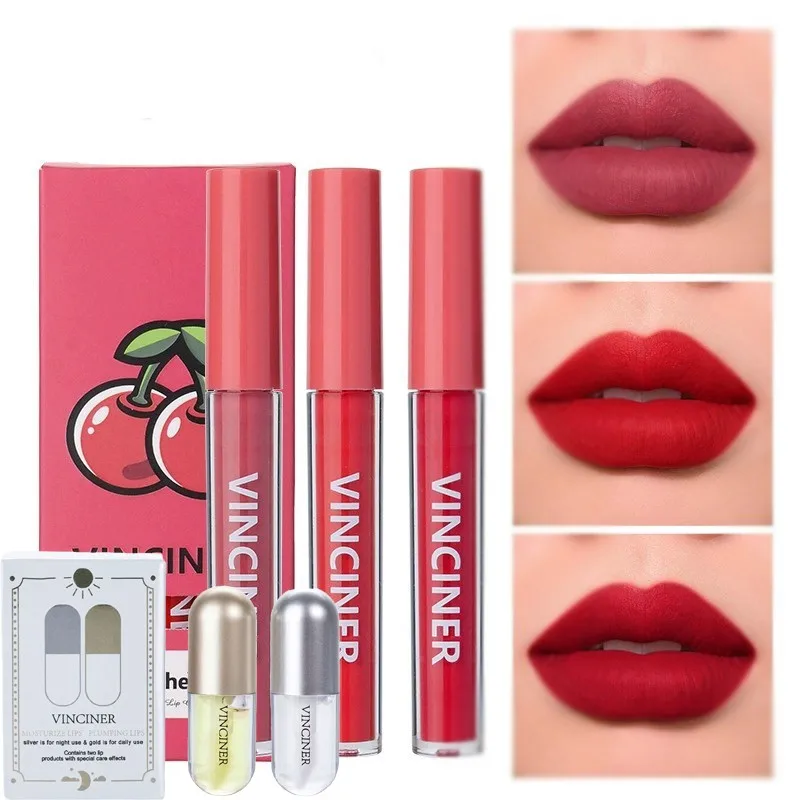 3 Frucht-Lippenglasur-Set + 2 Ingwer, Minzpflanzen-Lippenvergrößerungsflüssigkeit, matt, matt, antihaftbeschichtet, flüssiger Lippenstift