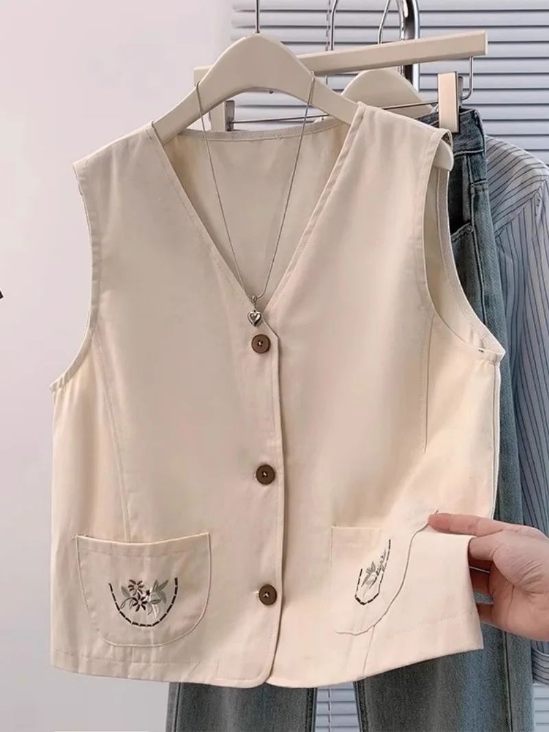 

Retro Embroidery Linen Vest Women's Autumn Clothing Japanese V-neck Sleeveless Jacket Top w460