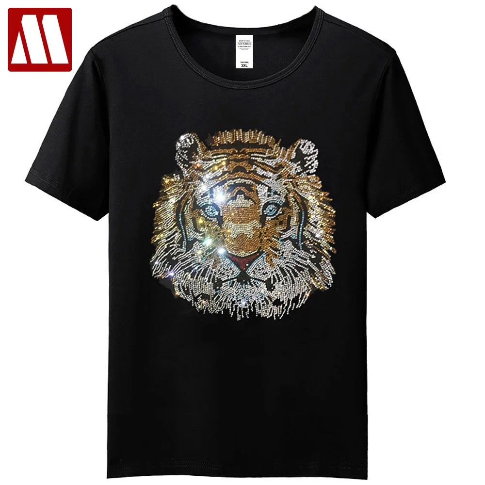 

Mens Luxury Summer Cotton Top Tees Male Tiger T-shirt Fashion Diamond Bottoming Shirt Rhinestone Designer Man Oversized Shirts