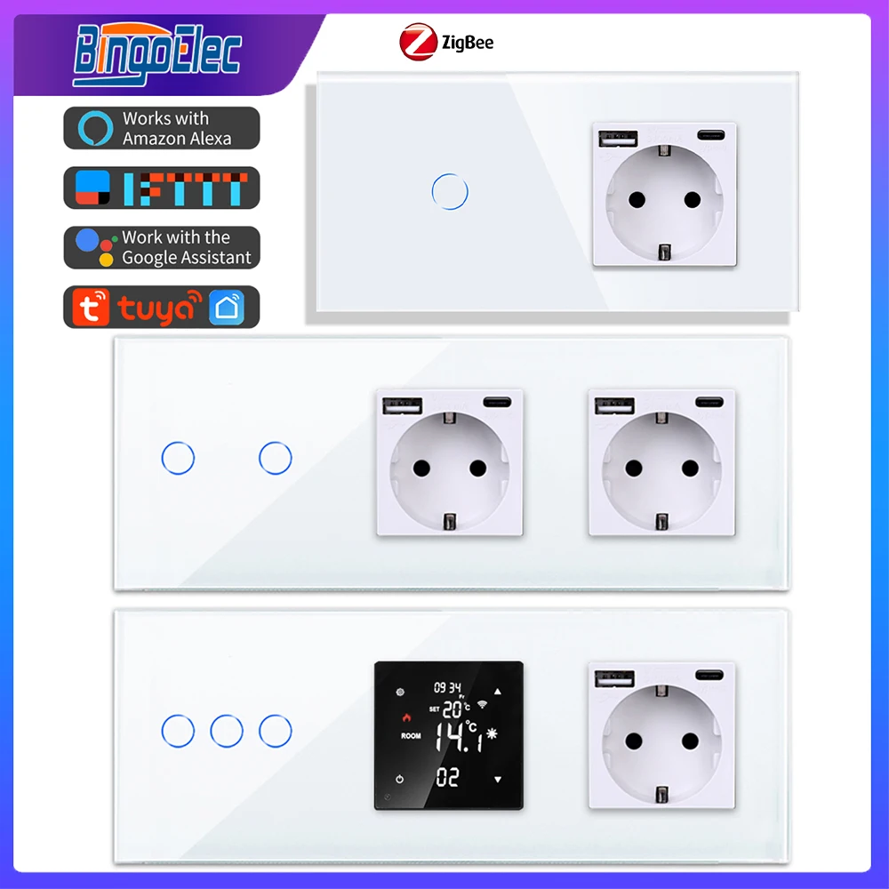 Bingoelec Smart Zigbee Wall Touch Switches 1/2/3/4Gang with Normal USB TypeC Socket Zigbee Thermostart Tuya Control Google Alexa