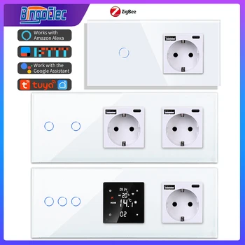 Bingoelec Smart Zigbee Wall Touch Switches 1/2/3/4Gang Normal USB TypeC Socket with Zigbee Thermostart Tuya Control Google Alexa