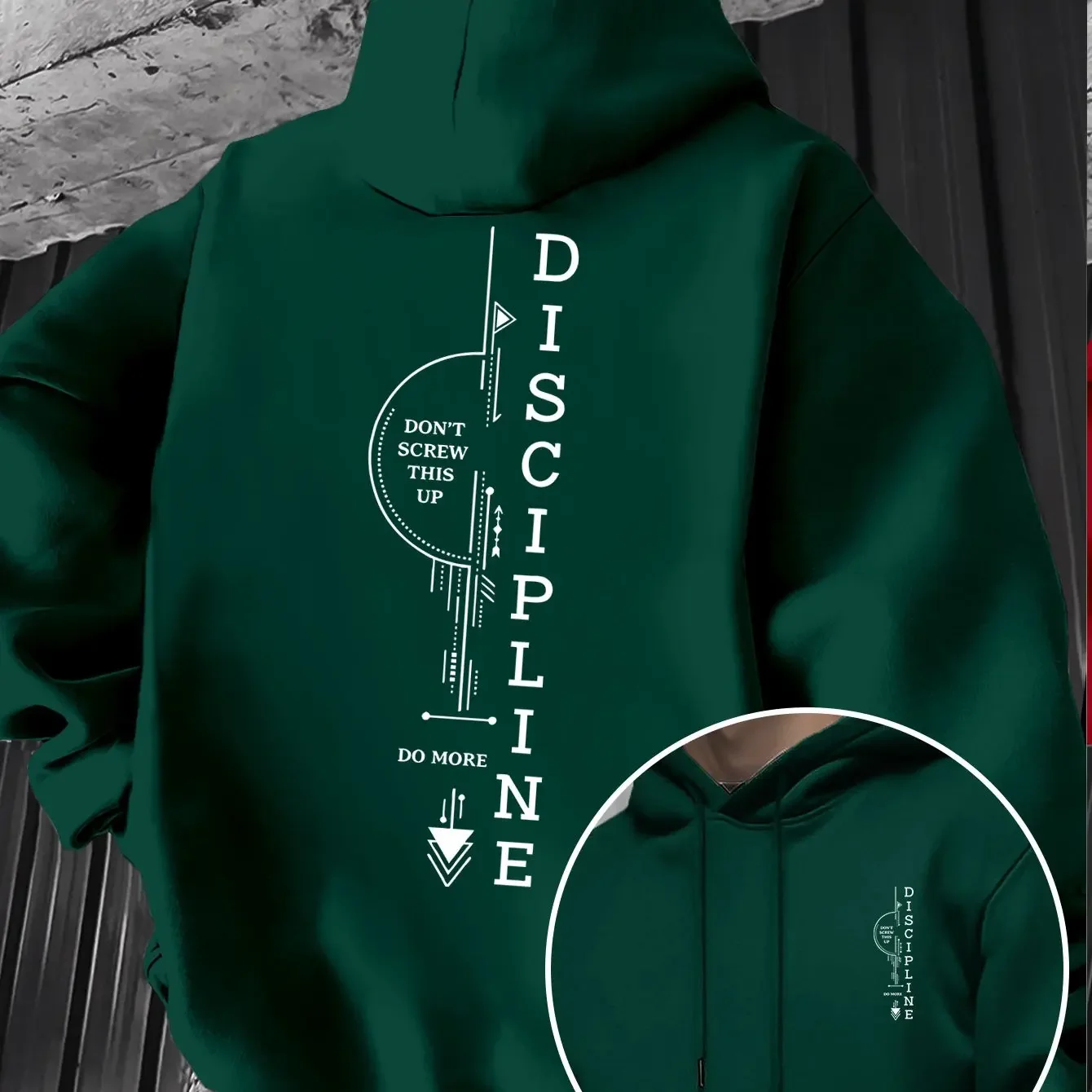 Men Geometric Arrow Frame DISCIPLINE Slogan Double Sided Hoodie Self Discipline Quote Daily Streetwear Fleece Sweatshirt