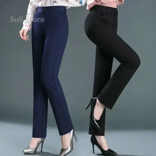 Imagen 2 del producto Primavera otoño Casual botón elástico Mediados de cintura negro y azul marino Pantalones rectos Oficina señora traje de secado rápido pantalones Mujer