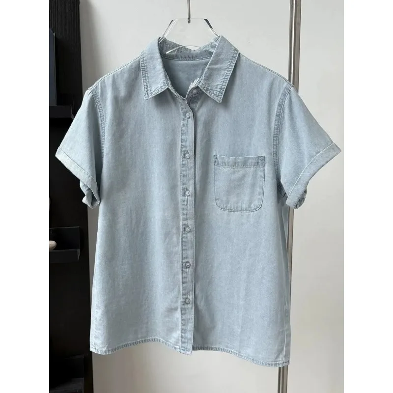 เสื้อเชิ้ตแขนสั้นสีฟ้าอ่อนสไตล์เรโทรสำหรับผู้หญิง ดีไซน์เฉพาะตัว ใช้งานได้หลากหลาย สไตล์ลำลอง เสื้อคลุมคาร์ดิแกนบางเบา มีกระดุมและกระเป๋า