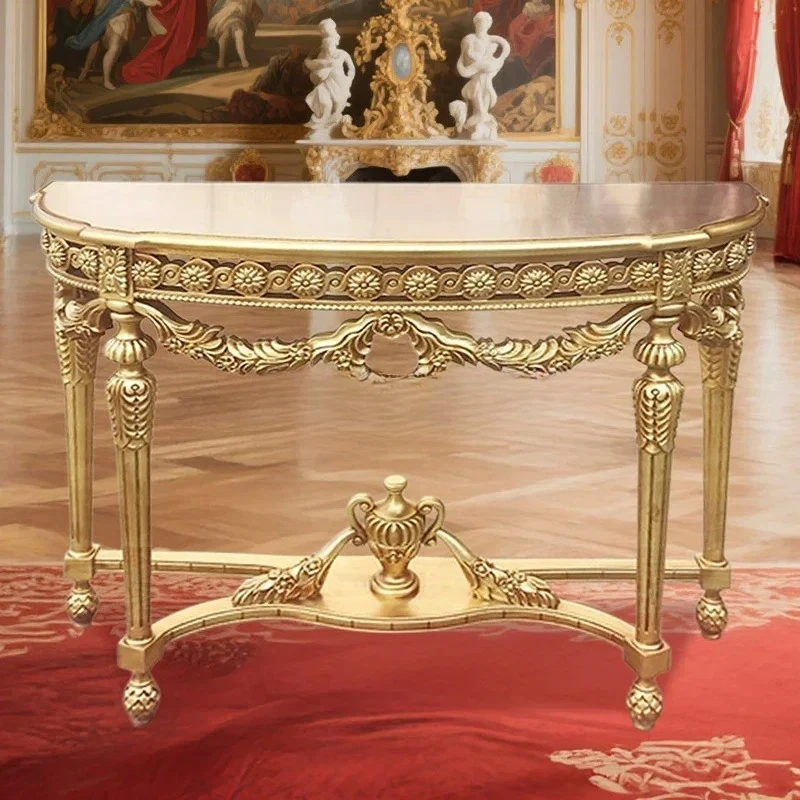 

French all-solid wood champagne gold retro carving, gold foil old craftsmanship luxury foyer entrance table45
