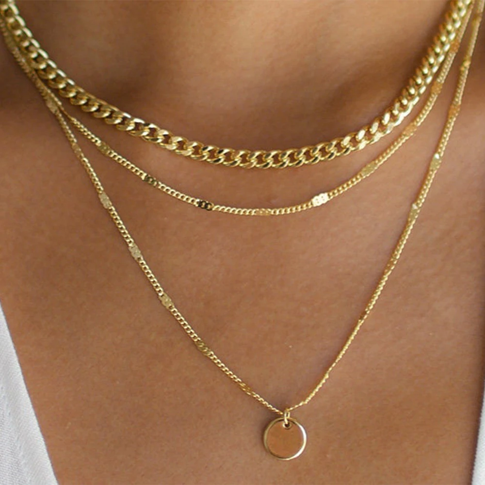 3 Piece Layered Necklace Set Fashionable Elegant Gold Disc Necklace Gold Necklace Thick Gold Chain Necklace Exquisite Necklace