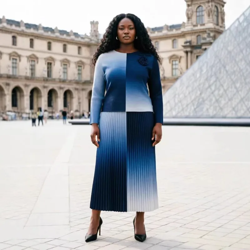

Miyake Pleated Skirt Set 2026 African Plus Size Long-Sleeve T-shirt Elegant Gradient Color-Blocking Loose Long Dress 2-Piece Set