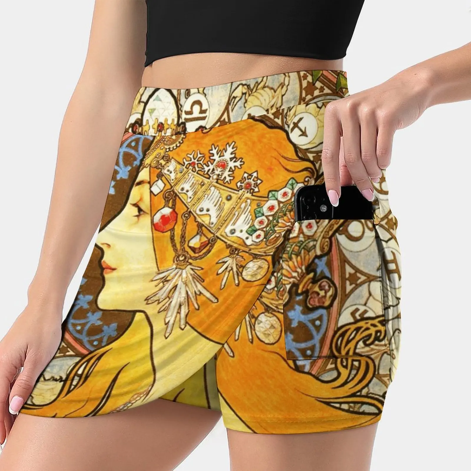 La Plume Zodiac-Alphonse Mucha Women's skirt Mini Skirts A Line Skirt With Hide Pocket La Plume Zodiac Alphonse Mucha Original