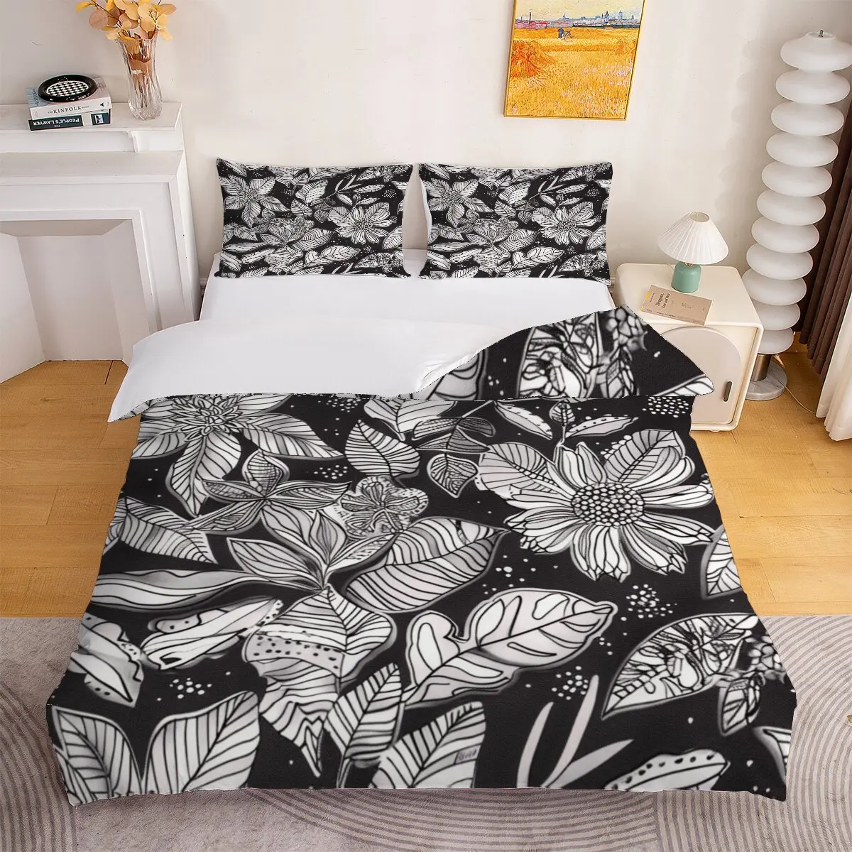 White flower pattern  Down comforter set, extra large size   flower texture on black background  Room decoration bedding set