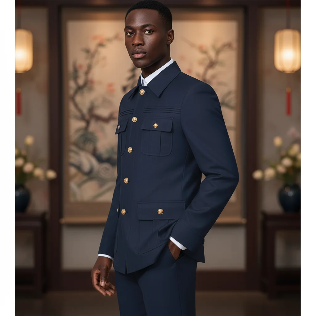 ST Cassy blue Elegant Men's suit Classic Fit Multi Buckle Multi Pocket  Casual Business Set Men's 2-piece Set