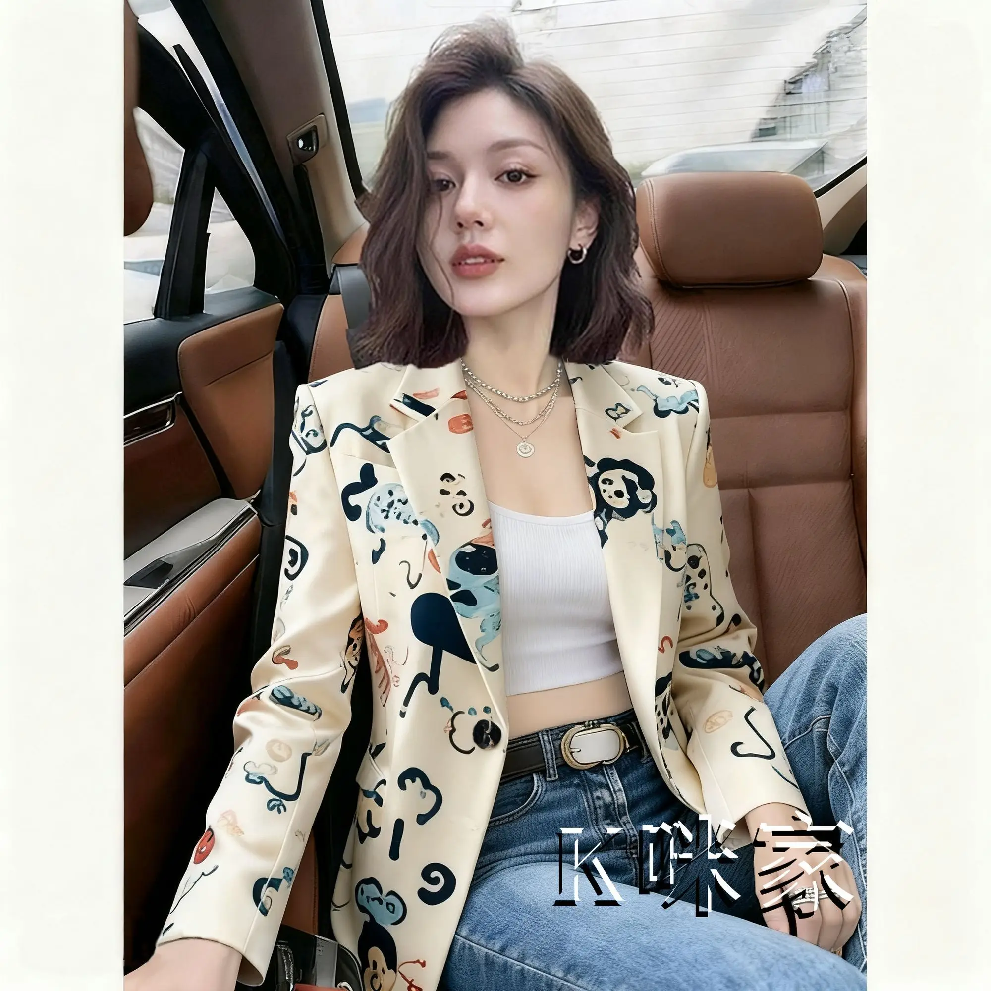 Korean Casual Age Reduction Temperament Blazer Women 2026 Spring New Single-button Cartoon Printed Women Blazers and Jackets