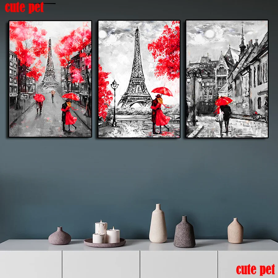 3PCS diamond painting Lovers under the Eiffel Tower Cross stitch embroidery round Square diamond mosaic wall stickers decoration