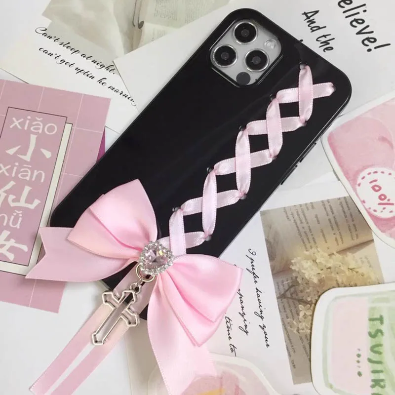 Ballet Style Elegant Pink Ribbon Handmade Soft Case for iPhone Samsung Custom Black Cover Phone Case