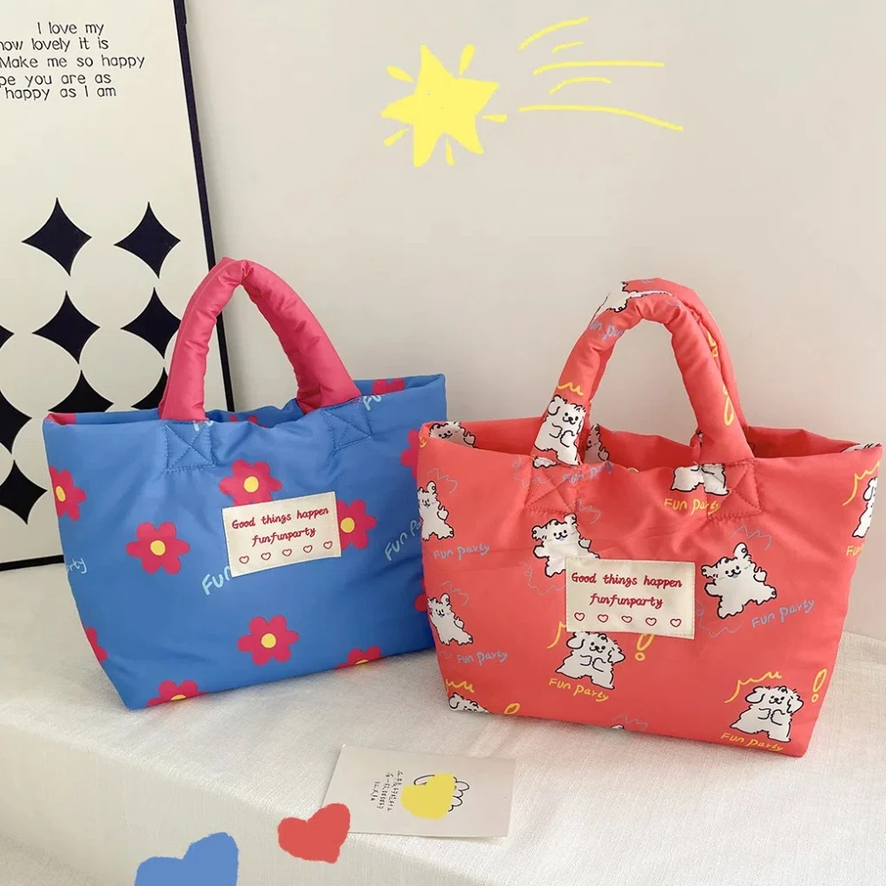 Bolso de mano acolchado de algodón con diseño de perro de dibujos animados, bolsa de hombro de flores de gran capacidad para mamá, tulipanes, estilo coreano, escuela