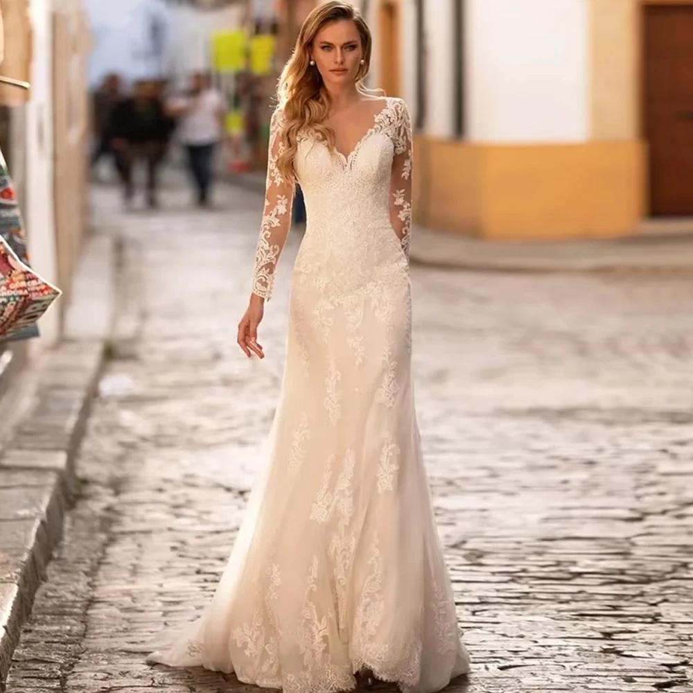 Customized Long Sleeved Gorgeous Wedding Dress For Woman Bride  Lace Mermaid Wedding Dress V-neck Sheer Bridal Gown