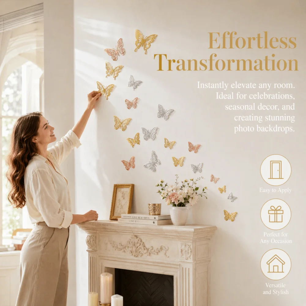 72Pcs Hollow Design Butterfly Wall Stickers 3 sizes Vivid Color 3D Butterfly Sticker Easy Cleaning DIY Decorative Stickers