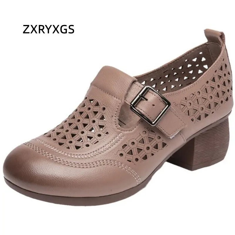 ZXRYXGS Popular New 2024 Spring Summer Hollow Genuine Leather Shoes Women\'s Roman Sandal Round Toe Versatile Thick Mid Heel Shoe