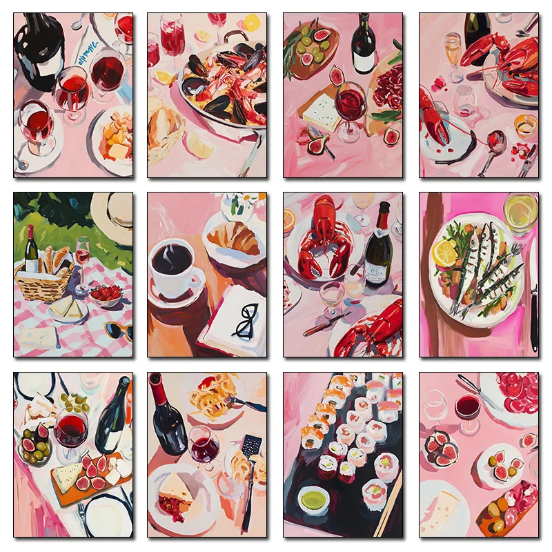 Vino y queso, mariscos, Sushi, langosta, higo, aceituna, Pasta, póster, lienzo, pintura impresa, arte de cocina, comida para cocina, decoración del hogar
