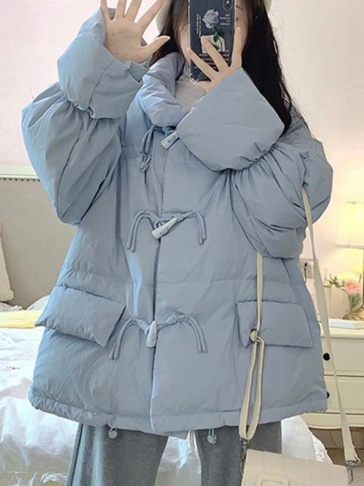 

Blue Women's down Jaet 2024 New Korean Sle Loose Bread Coat Autumn Winter Thi Outerwear with Horn Buttons Straight Cut