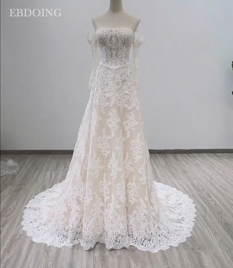 EBDOING Customized Wedding Dress A-line Lace Boat Neck With Detachable Sleeves Bride Gowns Vestidos De Novias