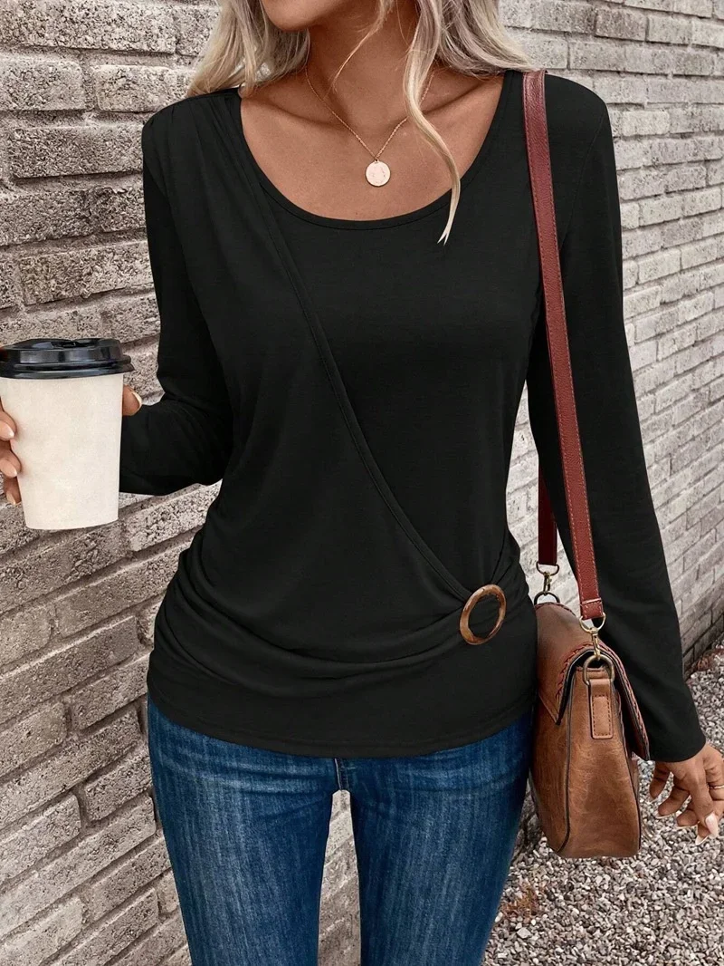 Fashion Elegant Solid Color Women T-Shirt Chic Circle Decoration Hem Tees Casual Female Autumn Winter Long Sleeve Slim Fit Tops